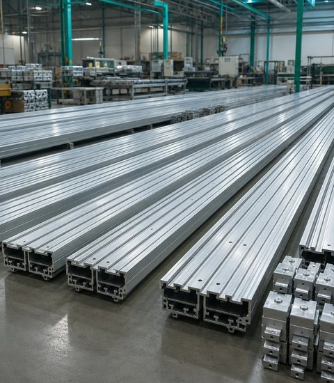 GES montaj rayları — fabrikada hizalı alüminyum ray ve bağlantı elemanları (güneş paneli yok)
